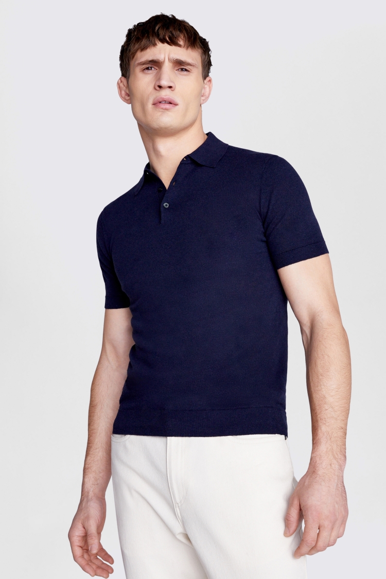 Linen-Blend Navy 3-Button-Down Polo | Buy Online at Moss