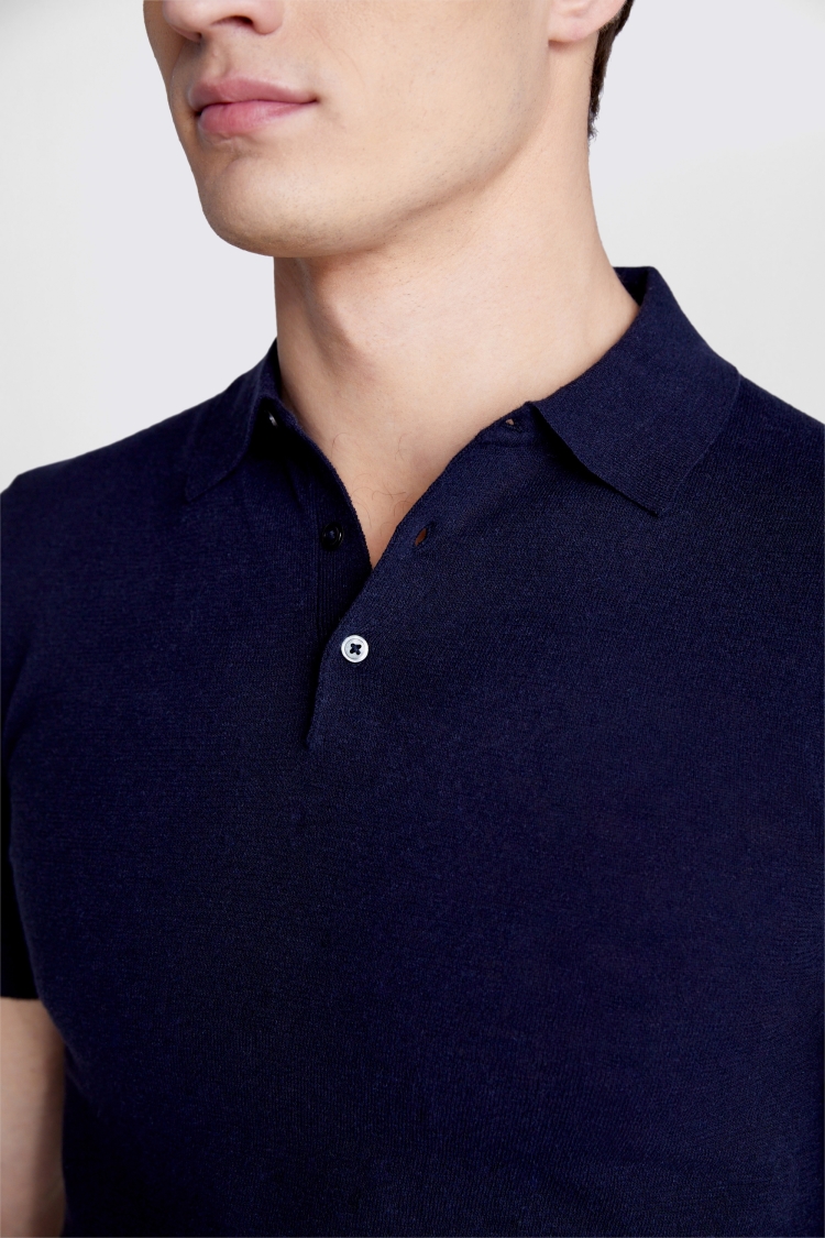 Linen-Blend Navy 3-Button-Down Polo