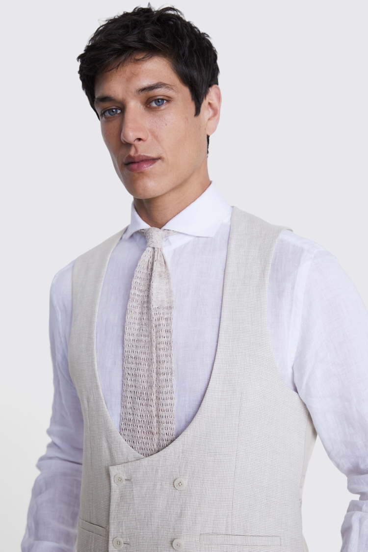 Slim Fit Stone Puppytooth Linen Waistcoat 