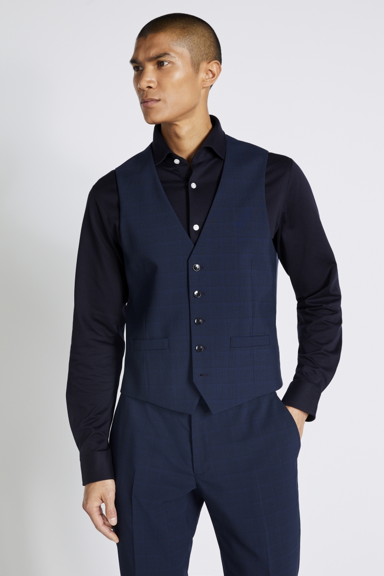 Slim Fit Navy Mini Check Waistcoat