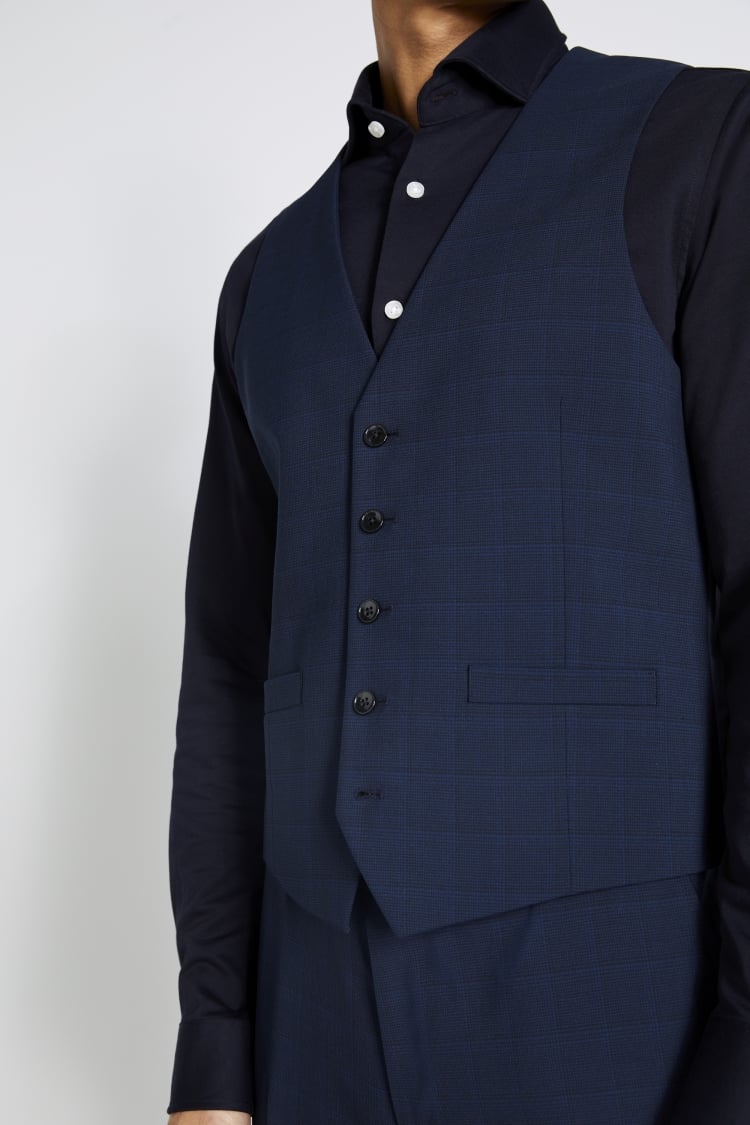 Slim Fit Navy Mini Check Waistcoat
