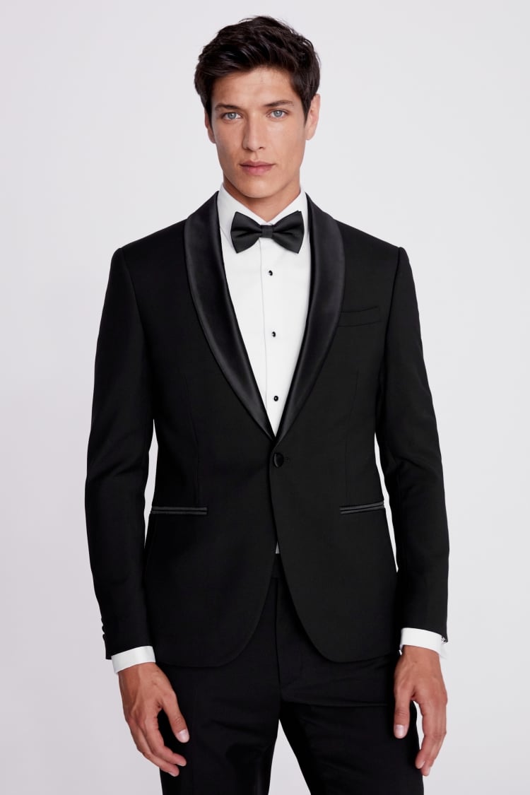 Black velvet slim fit shawl collar tuxedo blazer with black pants