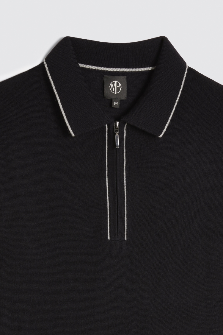 Navy Merino-Blend Zip Polo Shirt
