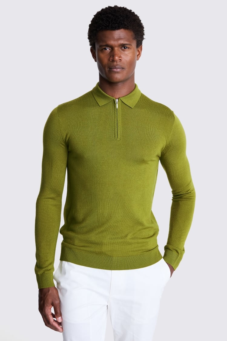 Olive Merino Zip Neck Polo Shirt Buy Online at Moss