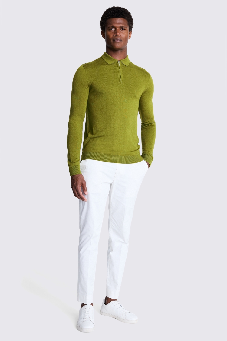 Olive Merino Zip-Neck Polo Shirt