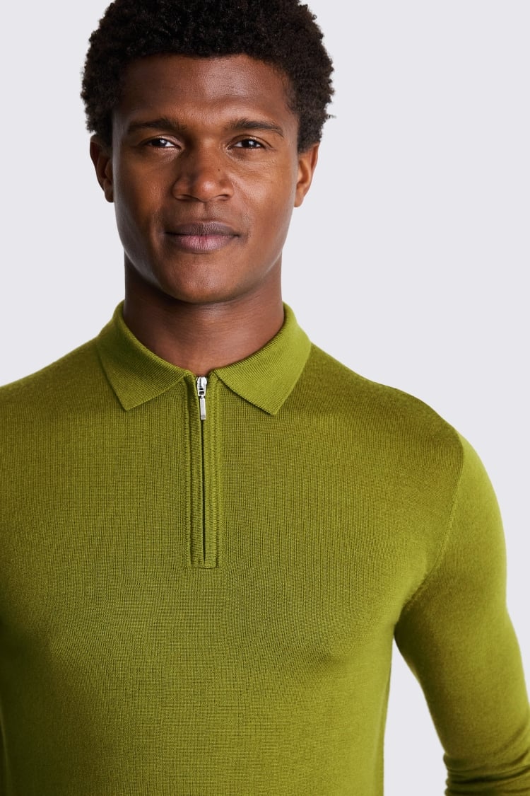 Olive Merino Zip-Neck Polo Shirt