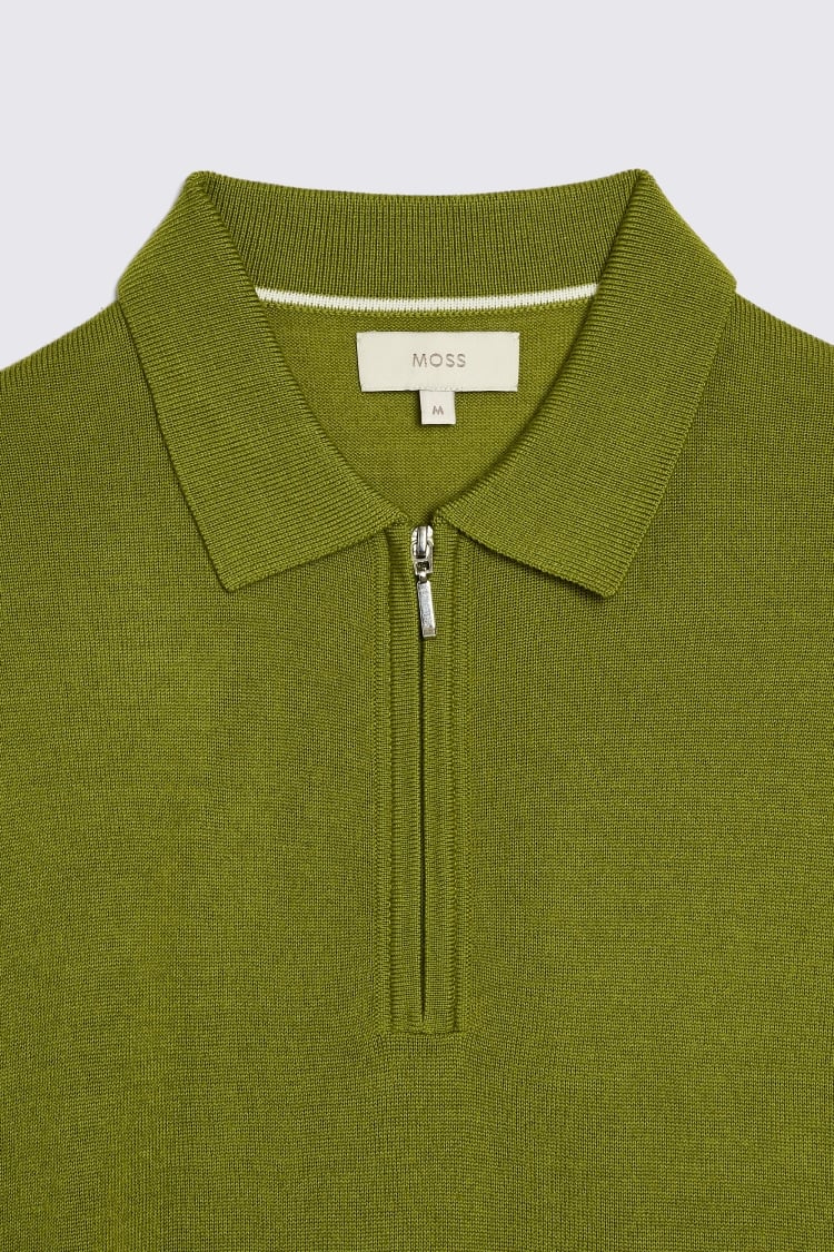 Olive Merino Zip-Neck Polo Shirt