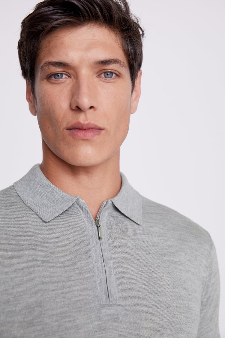 Light Grey Merino Zip-Neck Polo Shirt