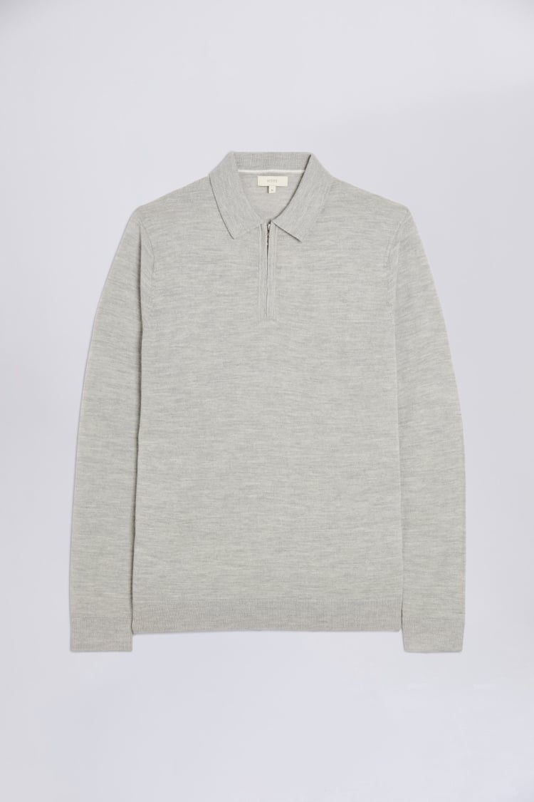 Light Grey Merino Zip-Neck Polo Shirt