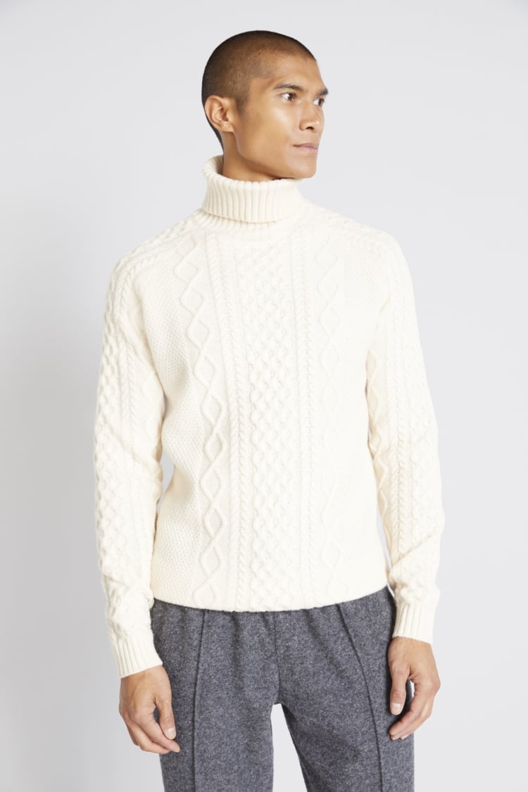 Ecru Chunky Cable Roll-Neck Jumper