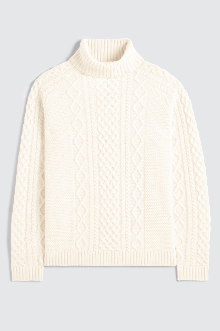 Ecru Chunky Cable Roll-Neck Jumper