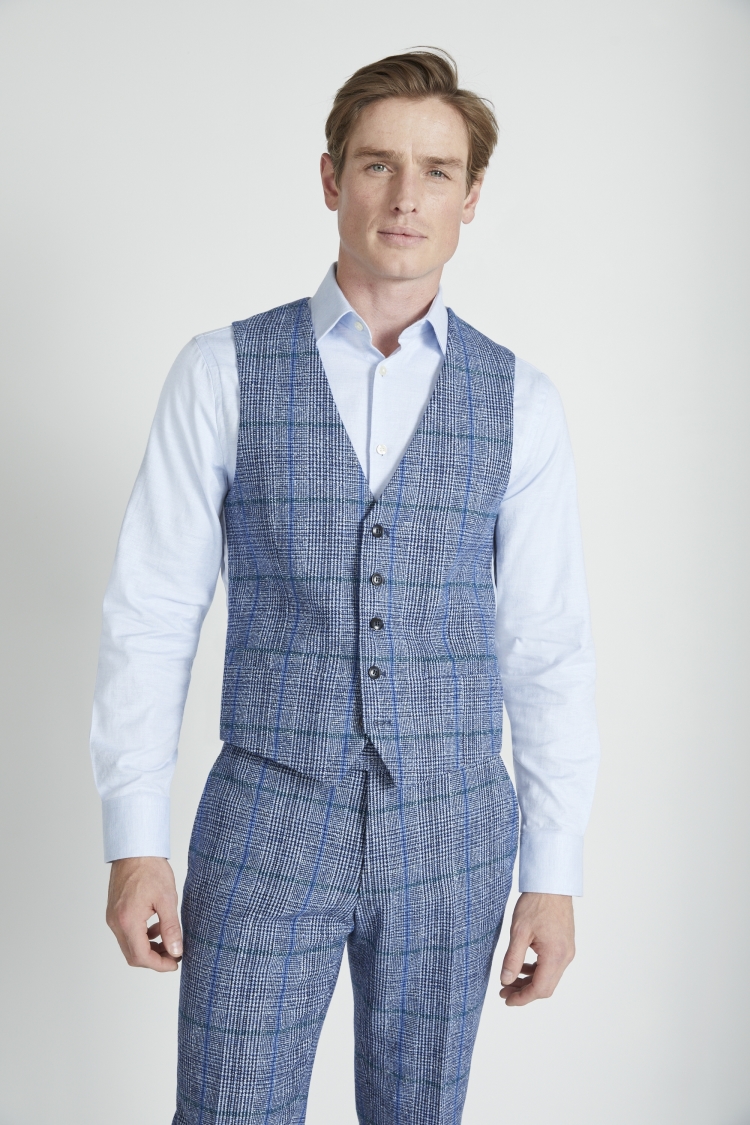 Slim Fit Blue Boucle Check Waistcoat