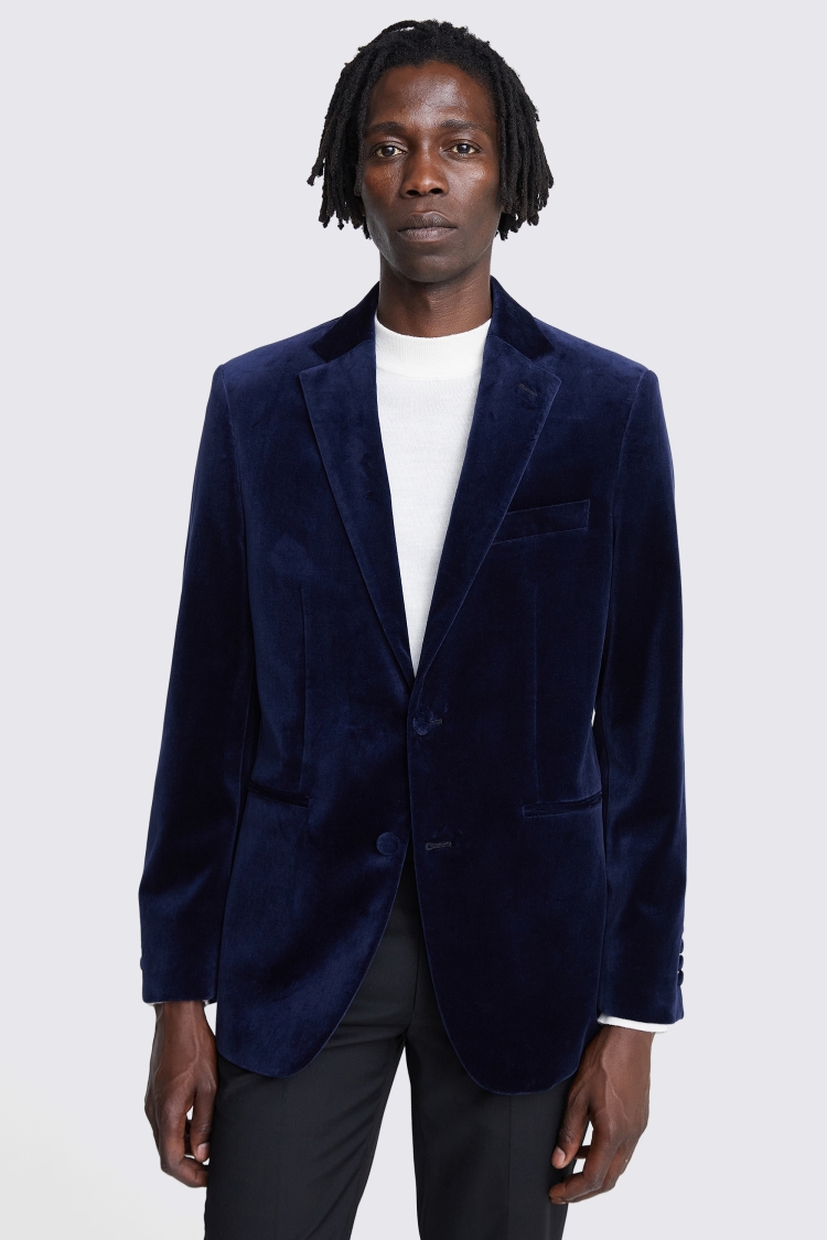 Mens Moss Blue Regular Fit Velvet Jacket - Blue