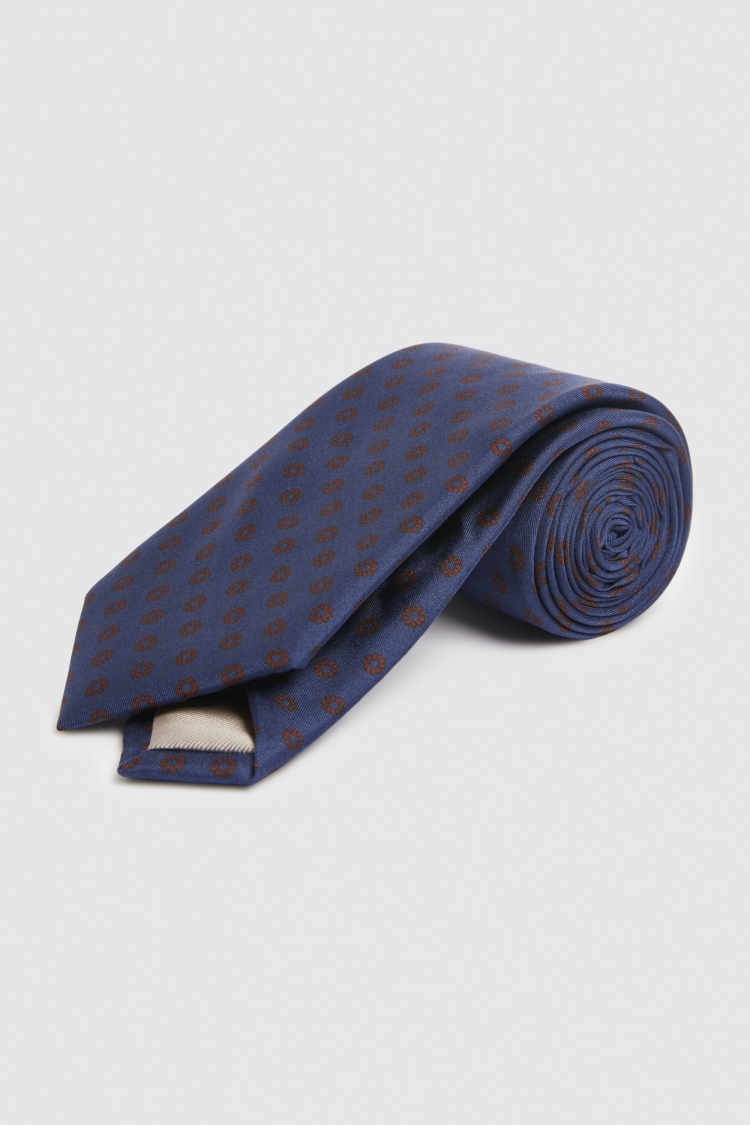 Navy & Brown Floral Geometric Silk Tie