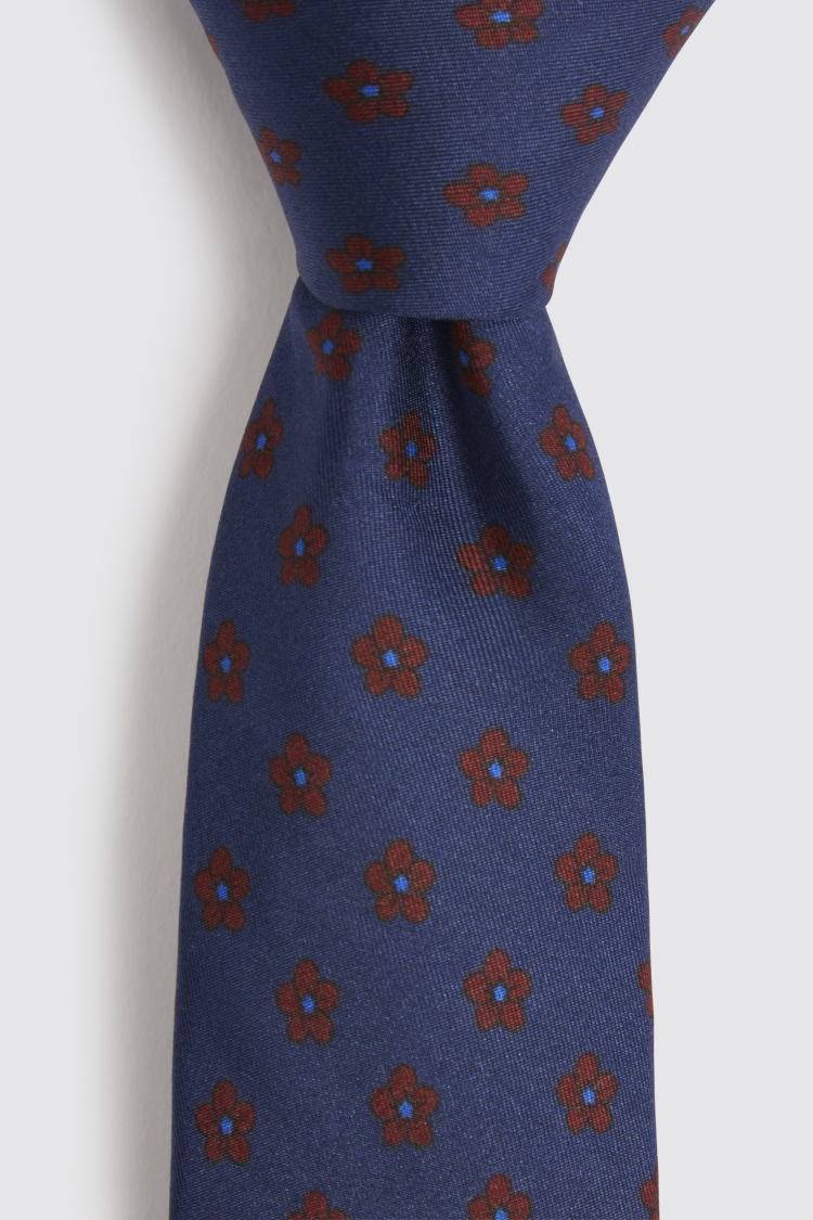Navy & Brown Flower Print Silk Tie