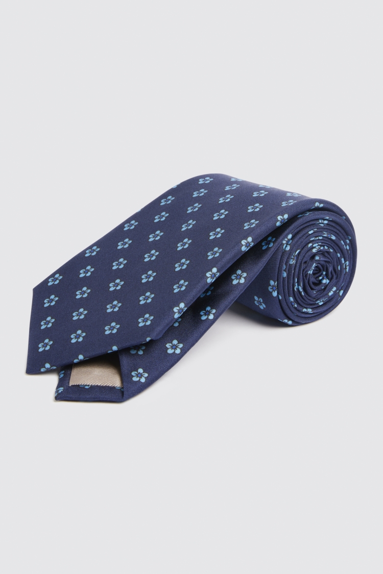 Navy & Blue Flower Print Silk Tie