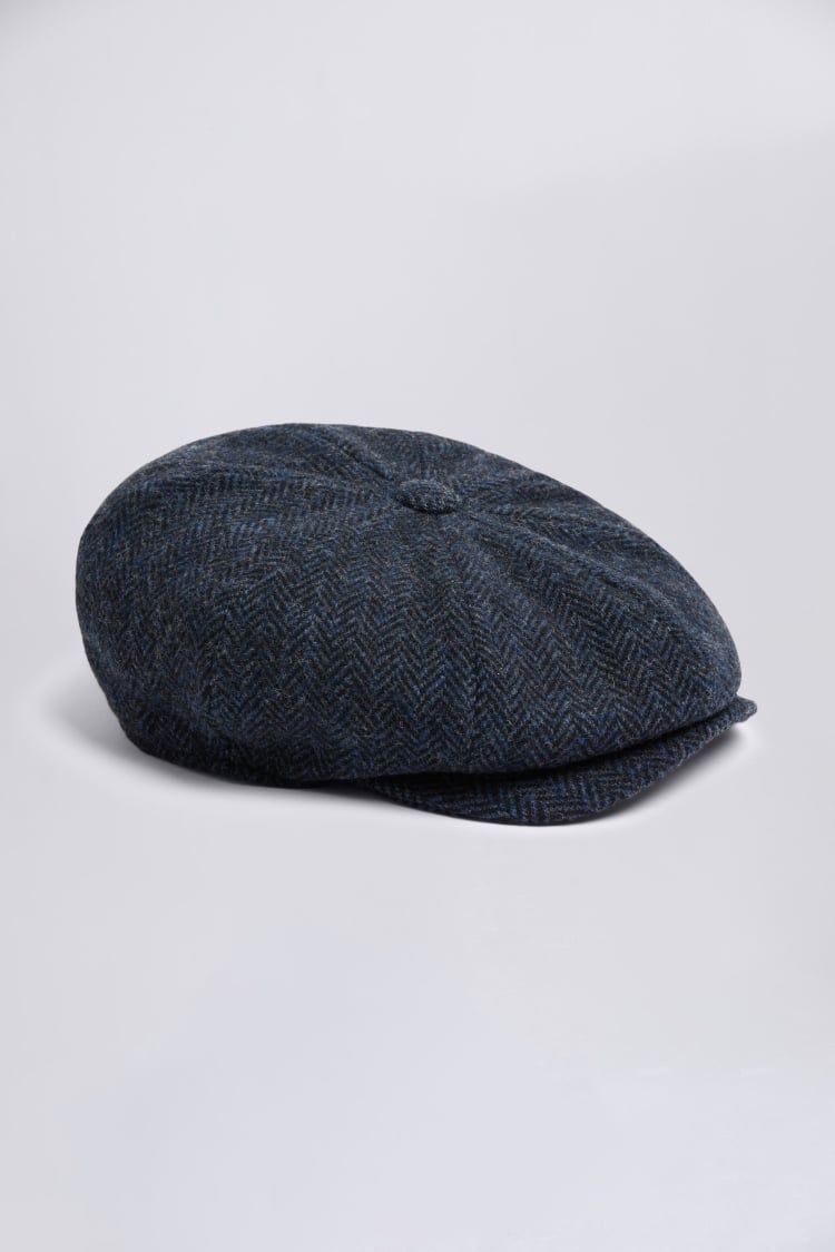 Navy Harris Tweed Herringbone Baker Boy Cap | Buy Online at Moss