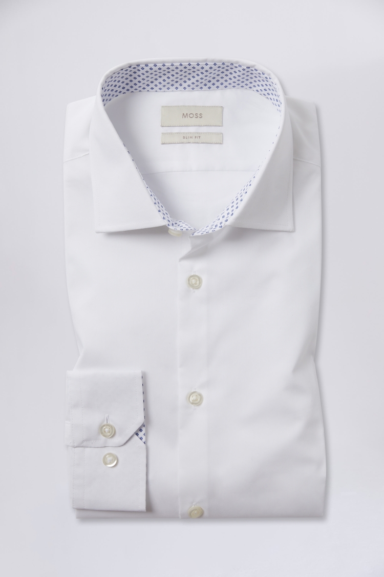 Slim Fit White Stretch Shirt with Navy Contrasts