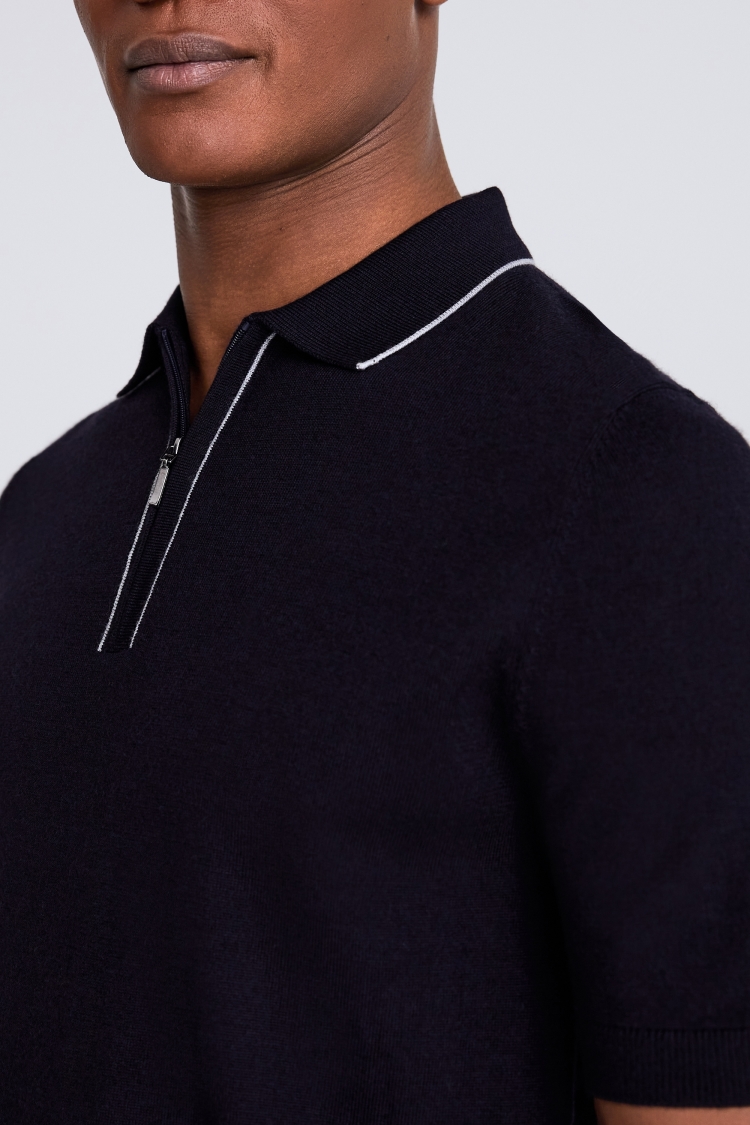 Navy Merino Zip-Neck Polo Shirt
