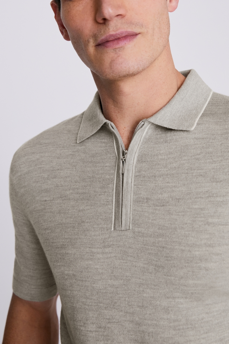 Light Grey Merino Zip-Neck Polo Shirt