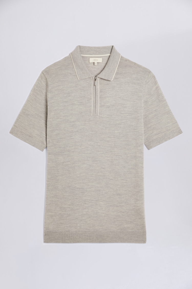 Light Grey Merino Zip-Neck Polo Shirt