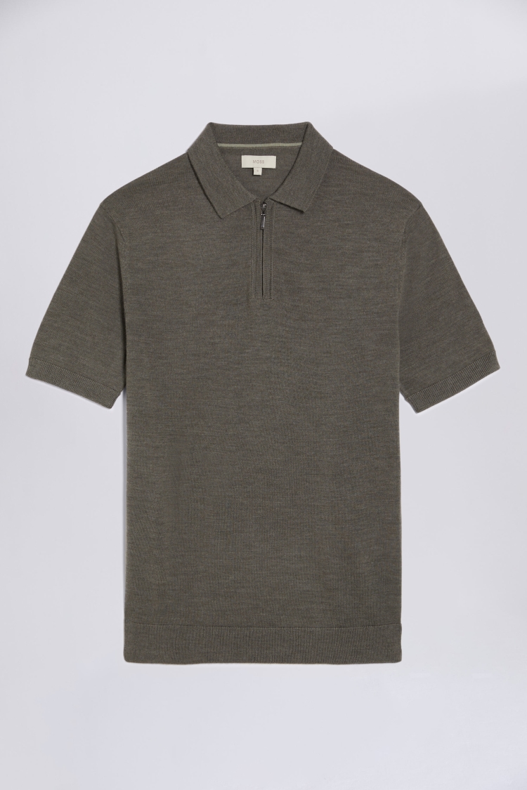 Khaki Merino Zip-Neck Polo Shirt