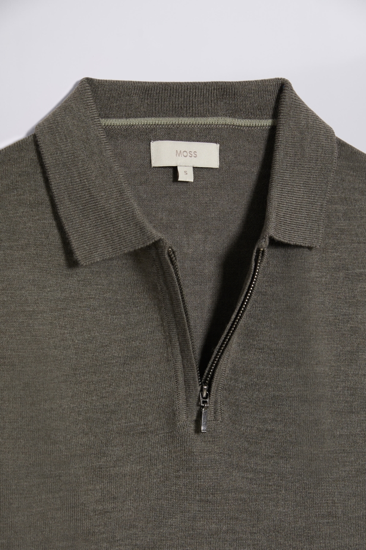 Khaki Merino Zip-Neck Polo Shirt