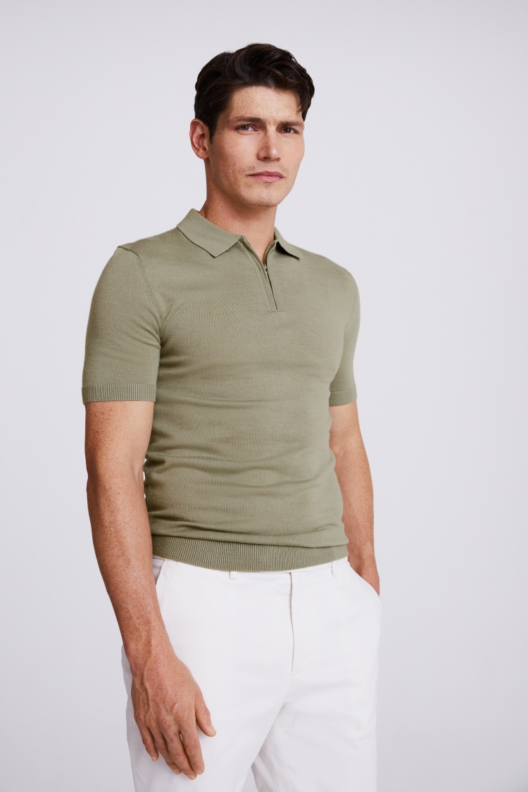 Sage Green Merino Zip-Neck Polo Shirt