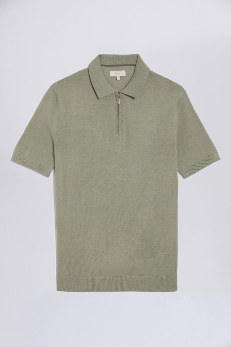 Sage Green Merino Zip-Neck Polo Shirt | Buy Online at Moss
