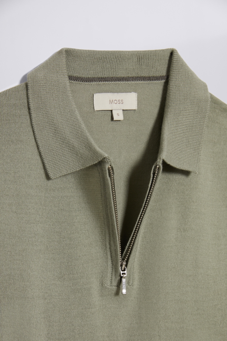 Sage Green Merino Zip-Neck Polo Shirt