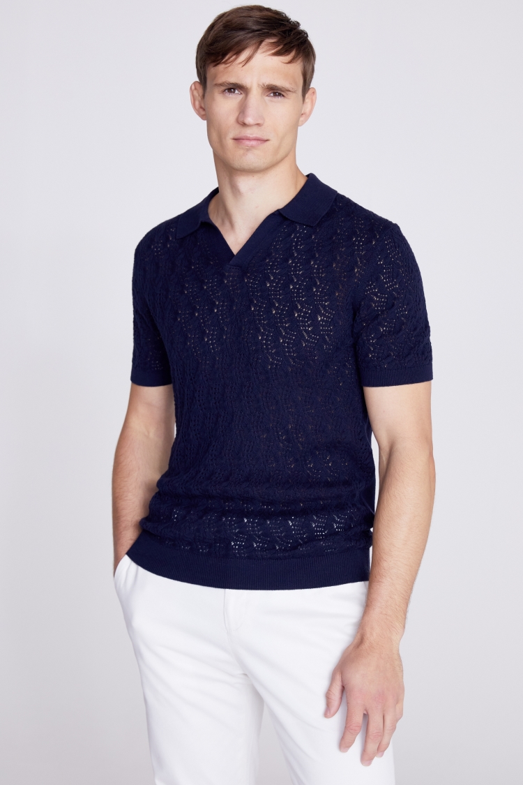 Navy Open Knit Cable Skipper Polo