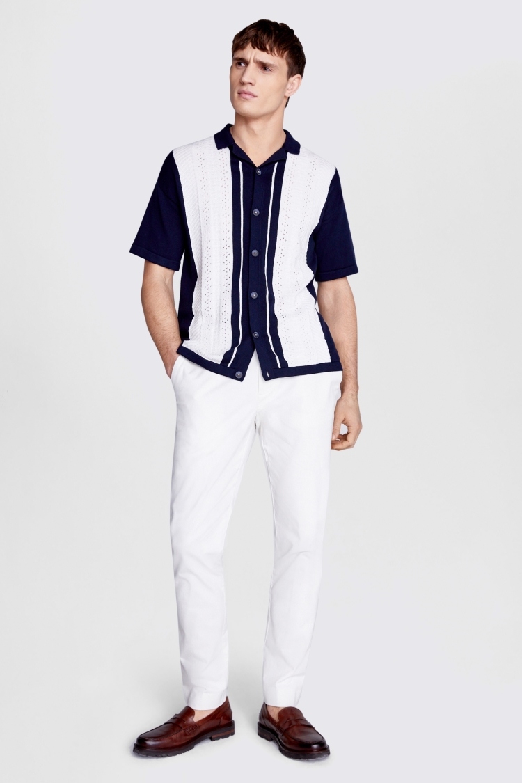Navy and White Pointelle Knitted Shirt 