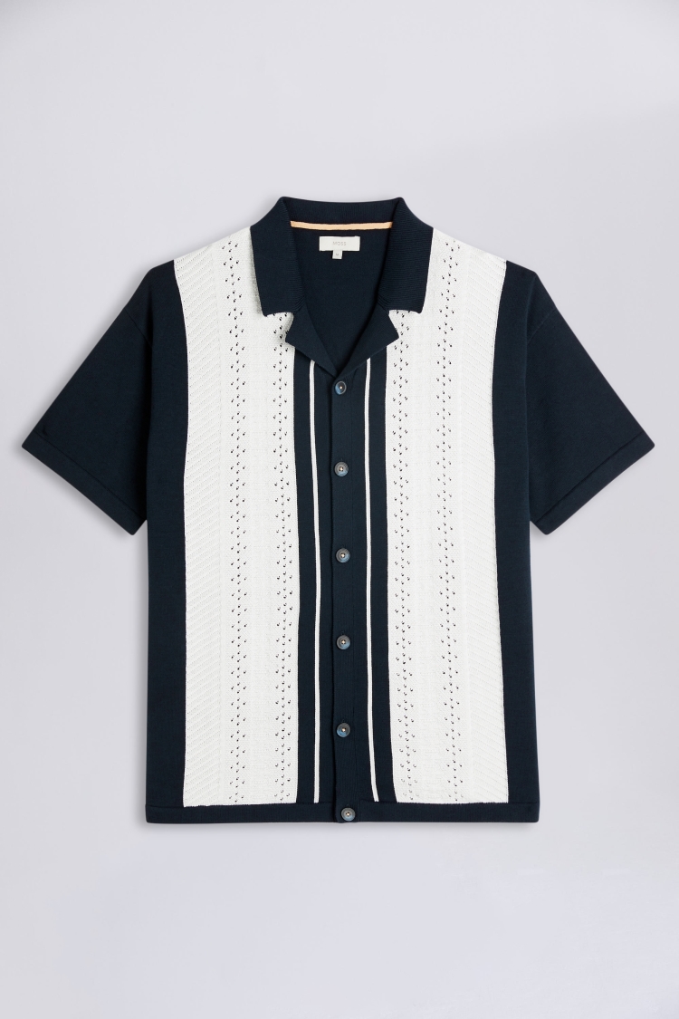 Navy and White Pointelle Knitted Shirt 