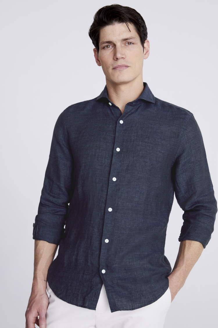 Tailored Fit Navy Linen Shirt | Buy Online at Moss