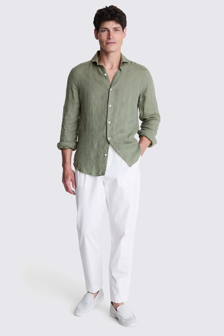 Tailored Fit Green Linen Shirt
