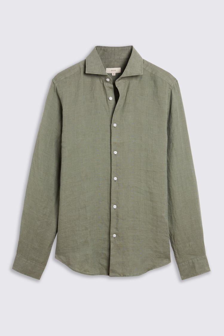 Tailored Fit Green Linen Shirt