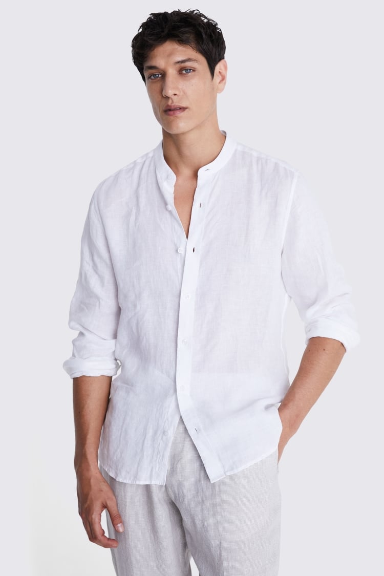 Tailored Fit White Linen Grandad Collar Shirt
