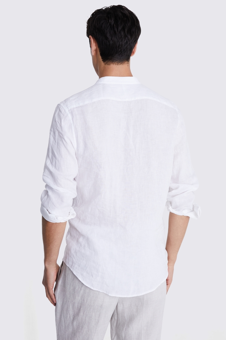Tailored Fit White Linen Grandad Collar Shirt