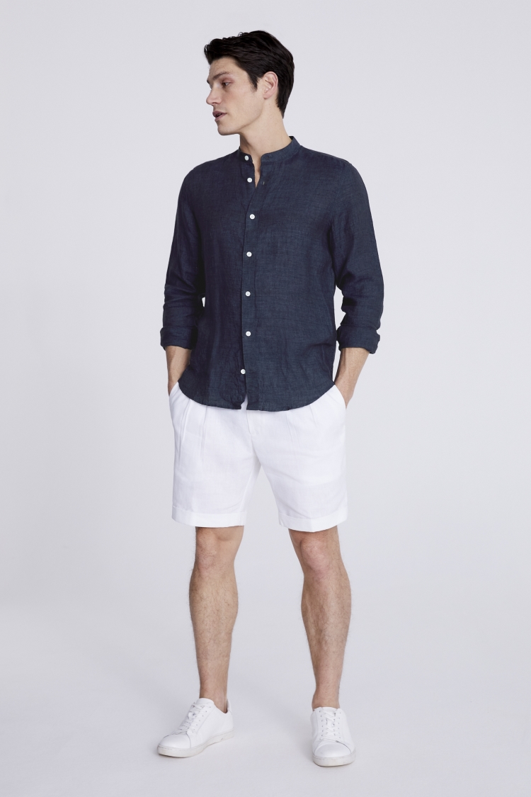 Tailored Fit Navy Linen Grandad Collar Shirt | Buy Online at Moss