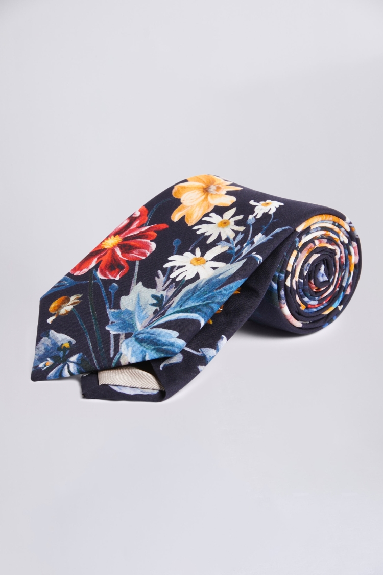 Navy Tropical Print Tie Made with Liberty Fabric