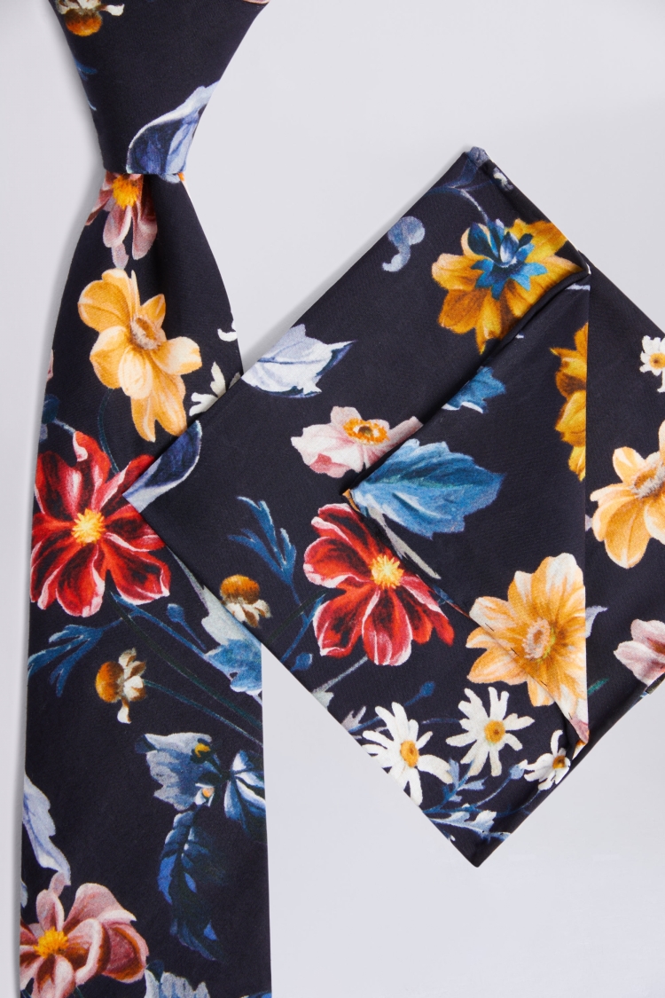 Navy Tropical Print Tie Made with Liberty Fabric