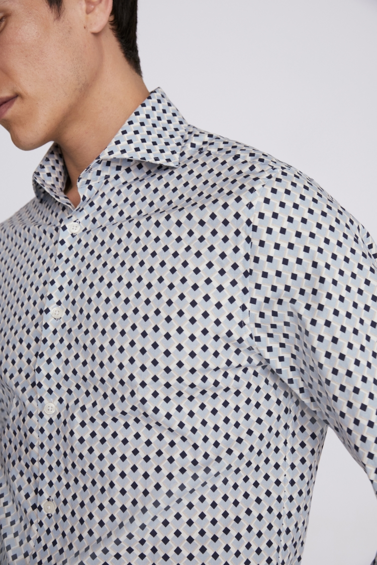 Tailored Fit Navy and Sky Diamond Print Stretch Shirt | Buy Online