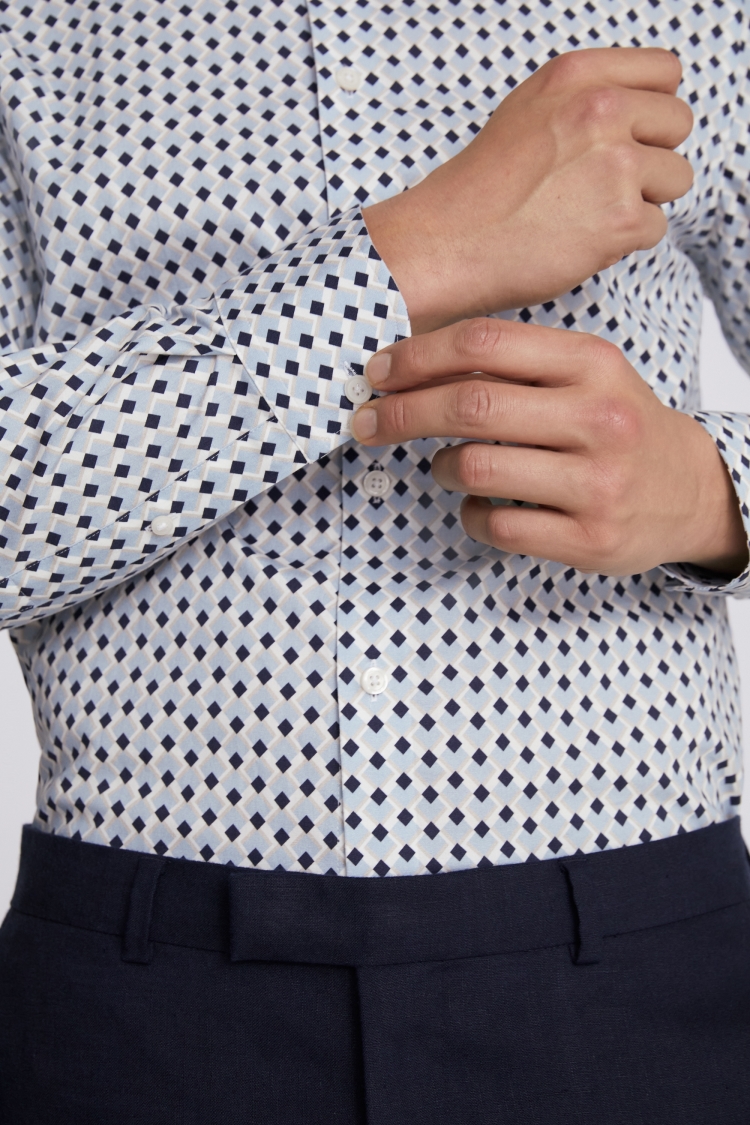 Tailored Fit Navy and Sky Diamond Print Stretch Shirt