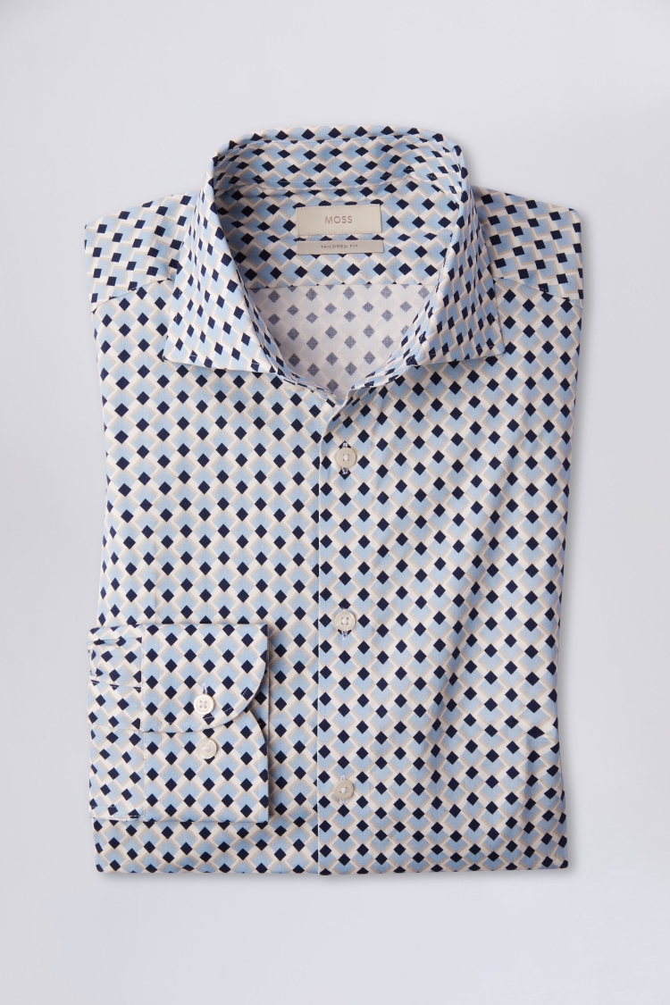 Tailored Fit Navy and Sky Diamond Print Stretch Shirt