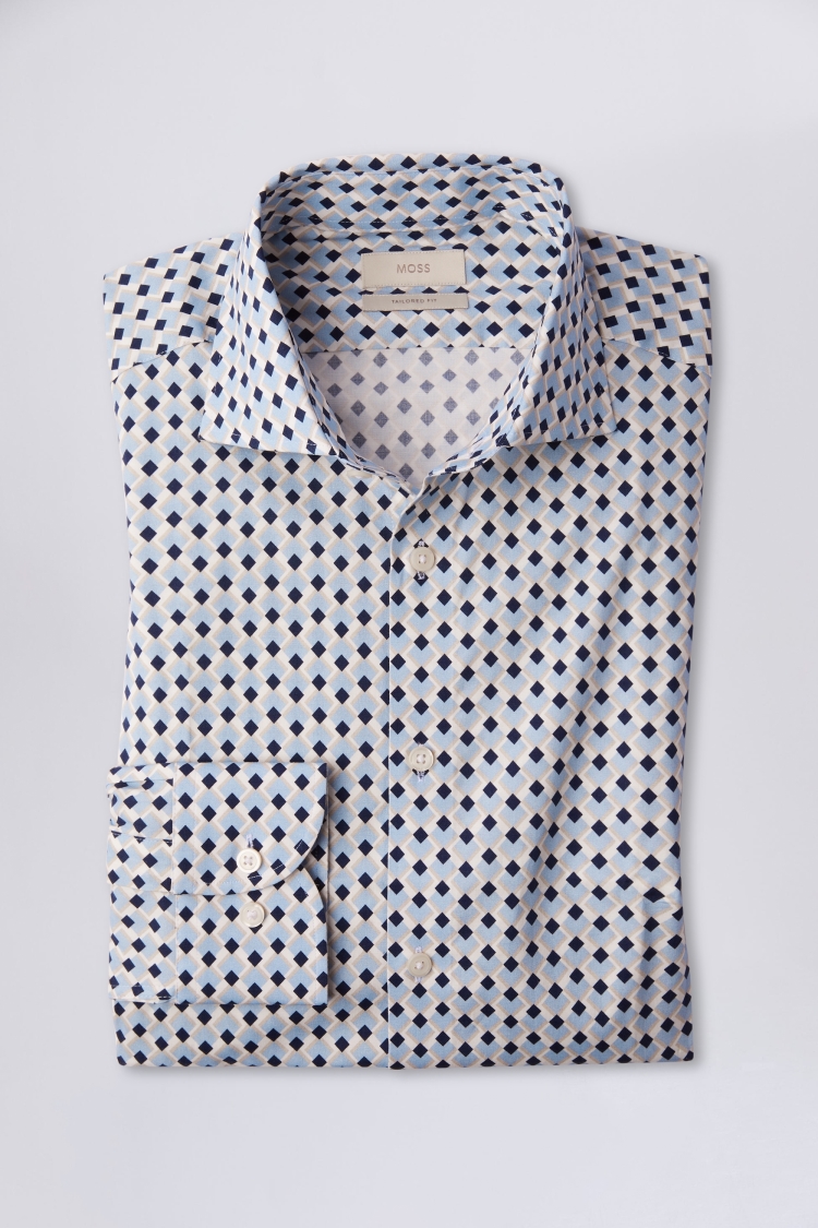 Tailored Fit Navy and Sky Diamond Print Stretch Shirt | Buy Online