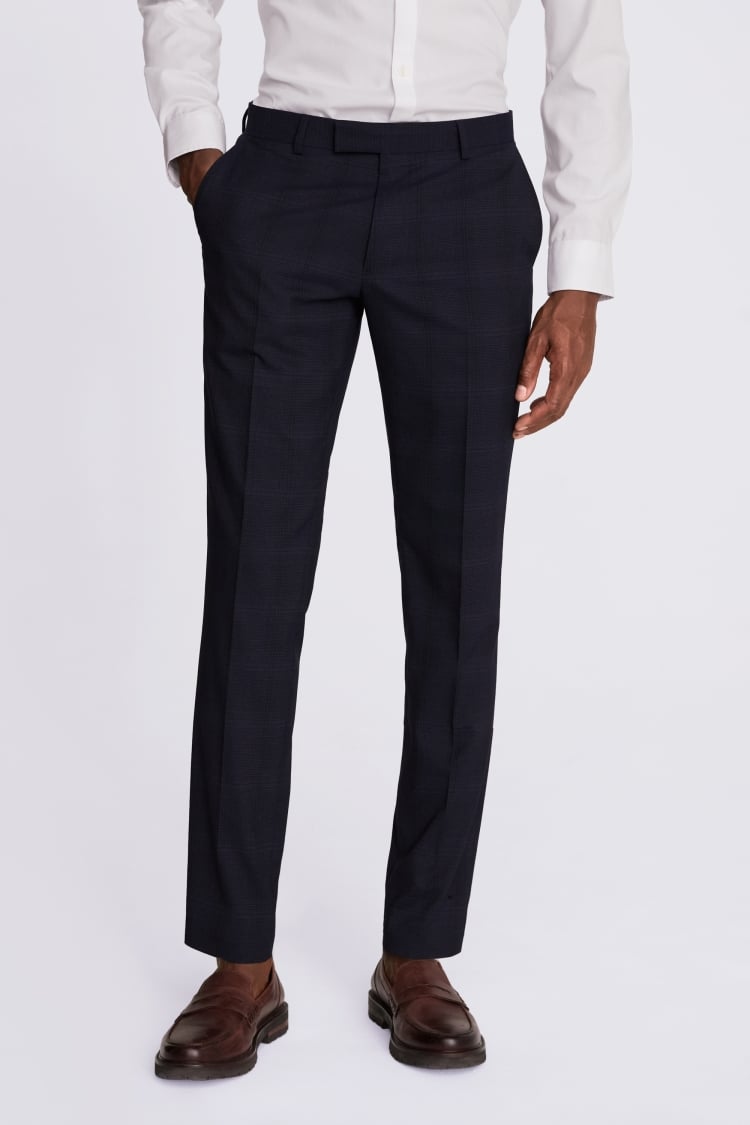 Slim Fit Navy Blue Check Trousers