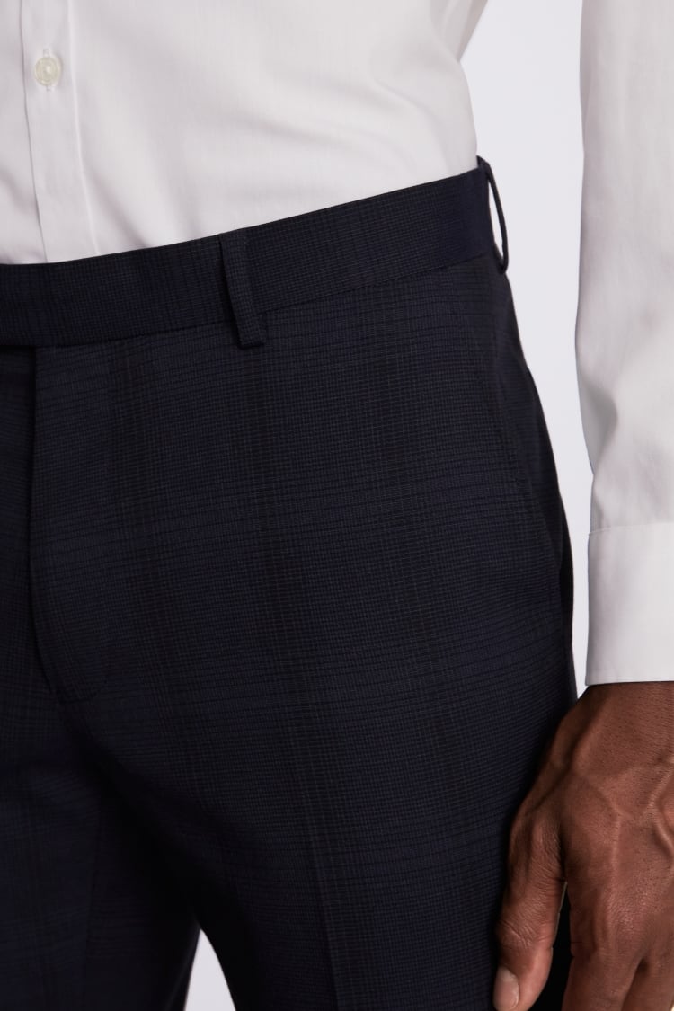 Slim Fit Navy Blue Check Trousers