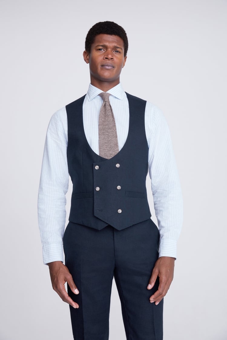 Slim Fit Navy Matte Linen Vest 