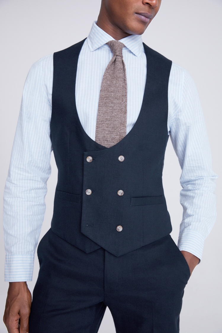 Slim Fit Navy Matte Linen Waistcoat