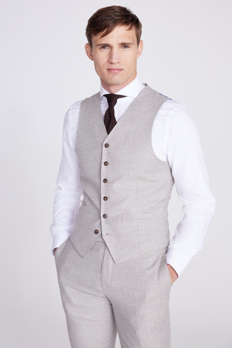 Italian Slim Fit Taupe Puppytooth Waistcoat 